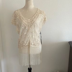 Lace with crochet and fringe overlay top sleeveless with tags